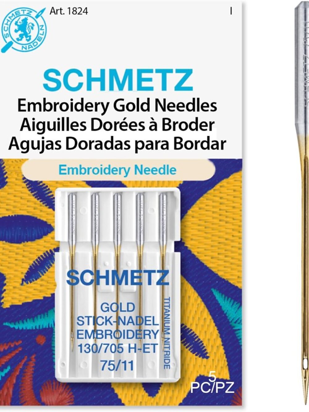Gold Embroidery Sewing Machine Needles - Titanium Coated for Smooth Stitching, S